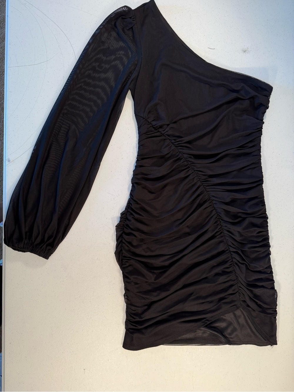 Princess Polly Black One-Shoulder Ruched Mini Dress with Mesh Sleeve